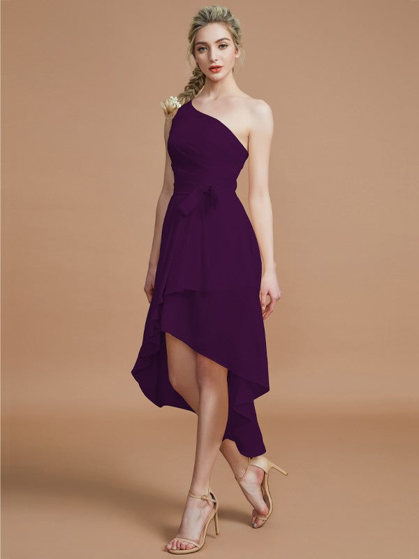 A-Line/Princess One-Shoulder Sleeveless Layers Asymmetrical Chiffon Bridesmaid Dresses Prom Dress