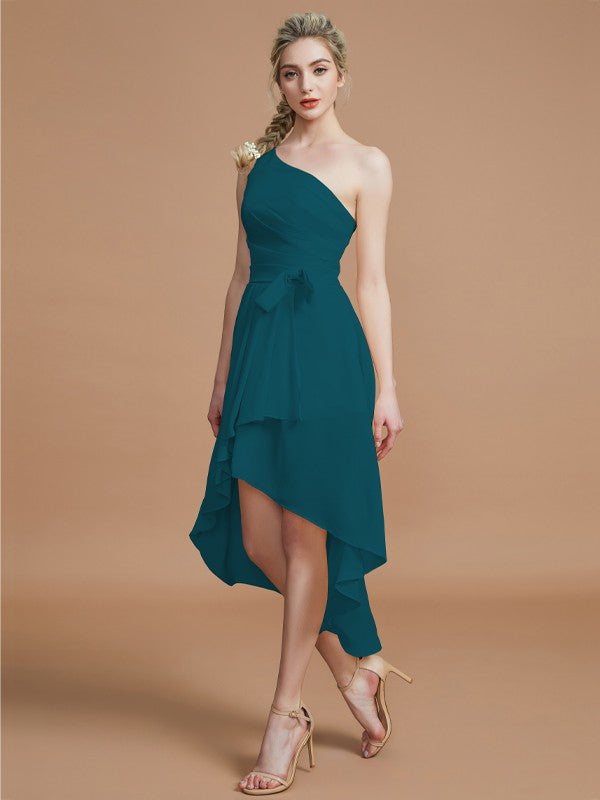 A-Line/Princess One-Shoulder Sleeveless Layers Asymmetrical Chiffon Bridesmaid Dresses Prom Dress