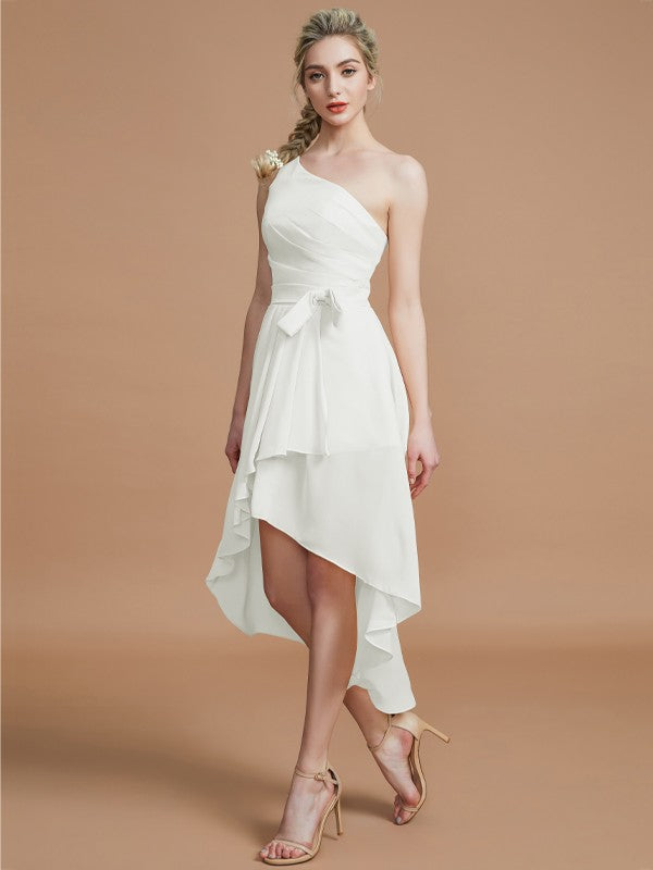 A-Line/Princess One-Shoulder Sleeveless Layers Asymmetrical Chiffon Bridesmaid Dresses Prom Dress
