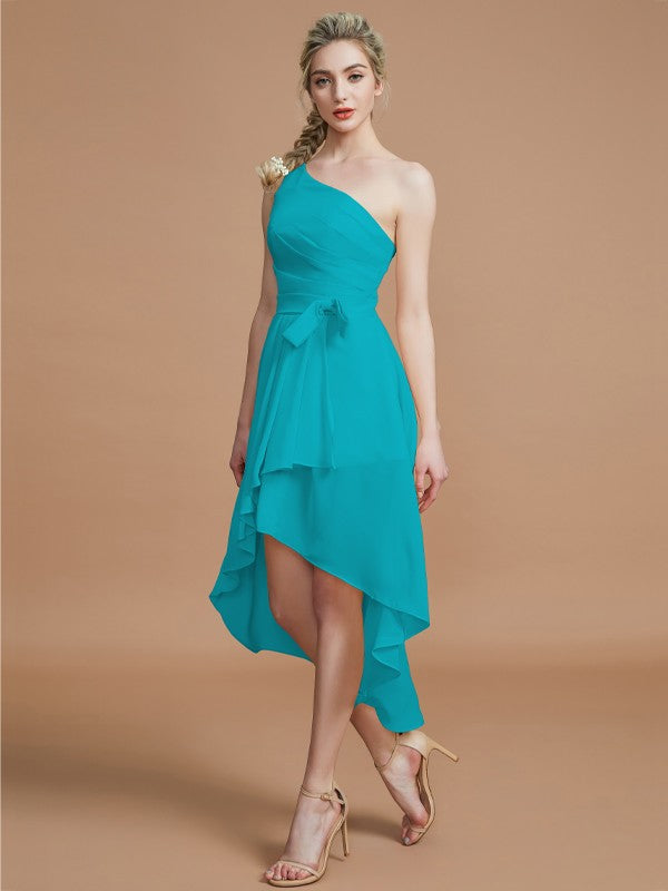 A-Line/Princess One-Shoulder Sleeveless Layers Asymmetrical Chiffon Bridesmaid Dresses Prom Dress