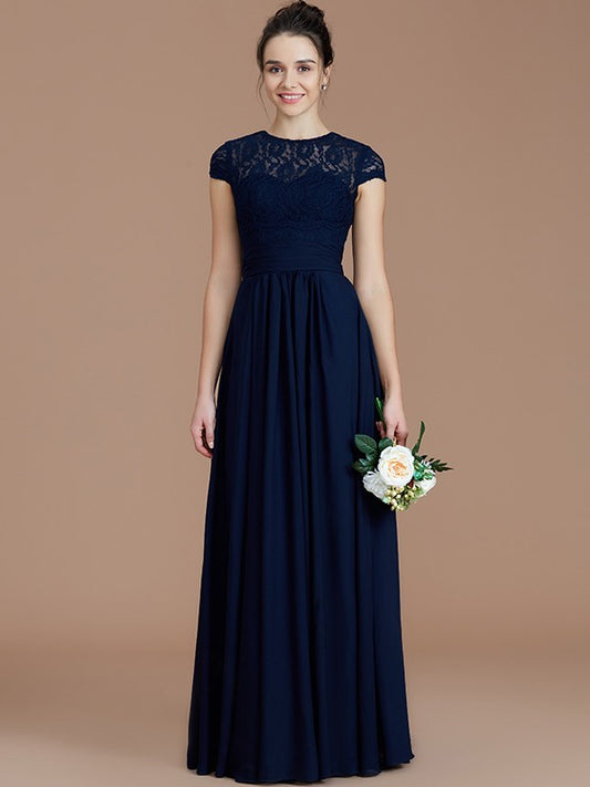 Vestido de dama de honor de gasa con corte A/princesa, mangas cortas, encaje, joya, largo hasta el suelo, para madre de la novia