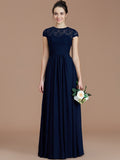 Vestido de dama de honor de gasa con corte A/princesa, mangas cortas, encaje, joya, largo hasta el suelo, para madre de la novia