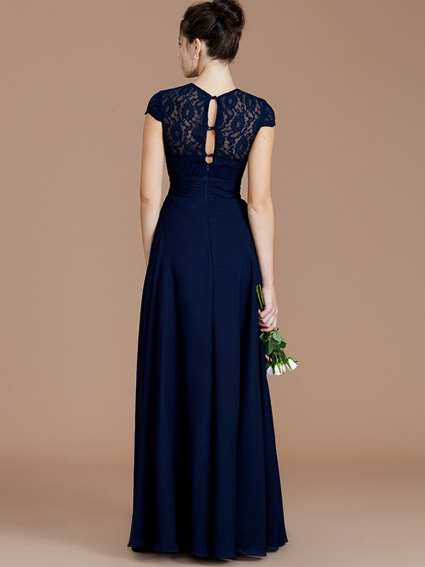 Vestido de dama de honor de gasa con corte A/princesa, mangas cortas, encaje, joya, largo hasta el suelo, para madre de la novia
