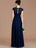 Vestido de dama de honor de gasa con corte A/princesa, mangas cortas, encaje, joya, largo hasta el suelo, para madre de la novia