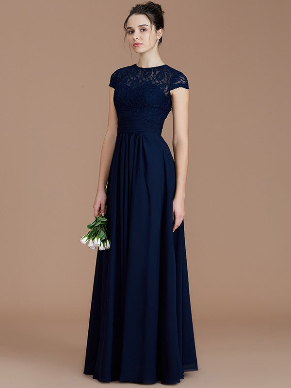 Vestido de dama de honor de gasa con corte A/princesa, mangas cortas, encaje, joya, largo hasta el suelo, para madre de la novia