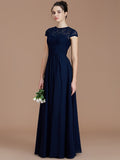Vestido de dama de honor de gasa con corte A/princesa, mangas cortas, encaje, joya, largo hasta el suelo, para madre de la novia