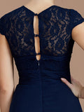 Vestido de dama de honor de gasa con corte A/princesa, mangas cortas, encaje, joya, largo hasta el suelo, para madre de la novia