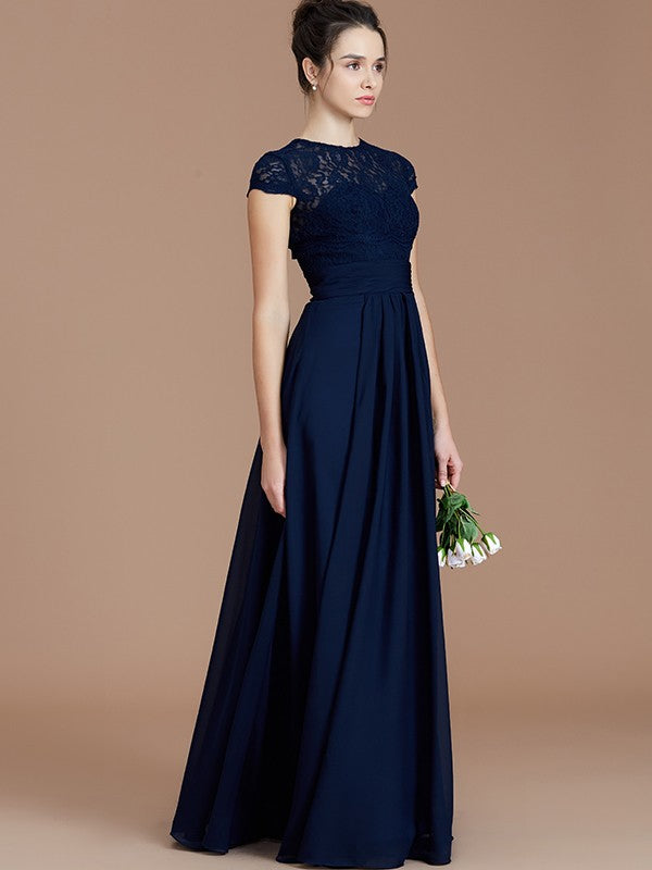 Vestido de dama de honor de gasa con corte A/princesa, mangas cortas, encaje, joya, largo hasta el suelo, para madre de la novia