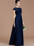Vestido de dama de honor de gasa con corte A/princesa, mangas cortas, encaje, joya, largo hasta el suelo, para madre de la novia