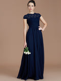 Vestido de dama de honor de gasa con corte A/princesa, mangas cortas, encaje, joya, largo hasta el suelo, para madre de la novia