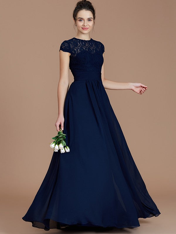 Vestido de dama de honor de gasa con corte A/princesa, mangas cortas, encaje, joya, largo hasta el suelo, para madre de la novia