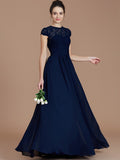 Vestido de dama de honor de gasa con corte A/princesa, mangas cortas, encaje, joya, largo hasta el suelo, para madre de la novia