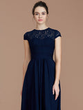 Vestido de dama de honor de gasa con corte A/princesa, mangas cortas, encaje, joya, largo hasta el suelo, para madre de la novia