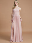 A-Line/Princess Spaghetti Straps Sleeveless Ruched Floor-Length Chiffon Bridesmaid Dresses Evening Dress
