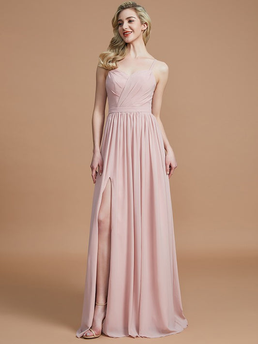 A-Line/Princess Spaghetti Straps Sleeveless Ruched Floor-Length Chiffon Bridesmaid Dresses Evening Dress