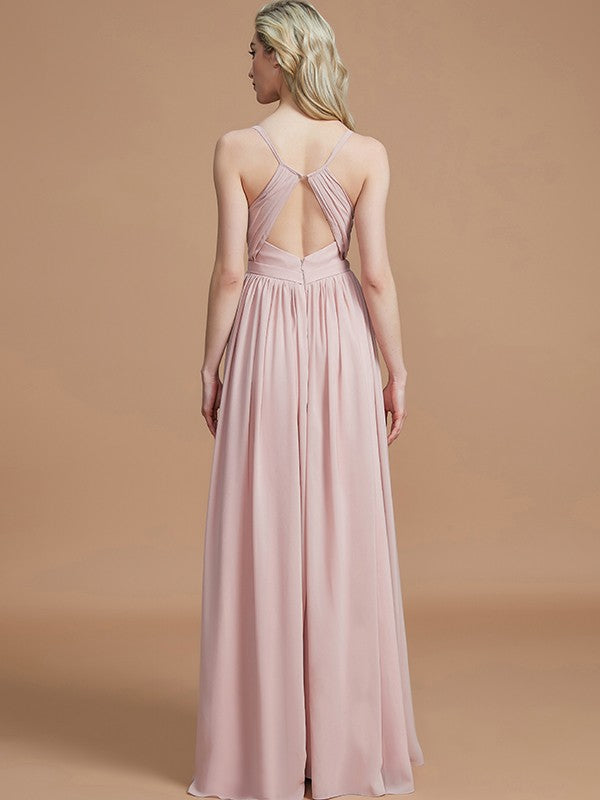 A-Line/Princess Spaghetti Straps Sleeveless Ruched Floor-Length Chiffon Bridesmaid Dresses Evening Dress