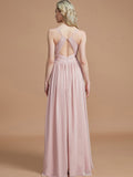 A-Line/Princess Spaghetti Straps Sleeveless Ruched Floor-Length Chiffon Bridesmaid Dresses Evening Dress