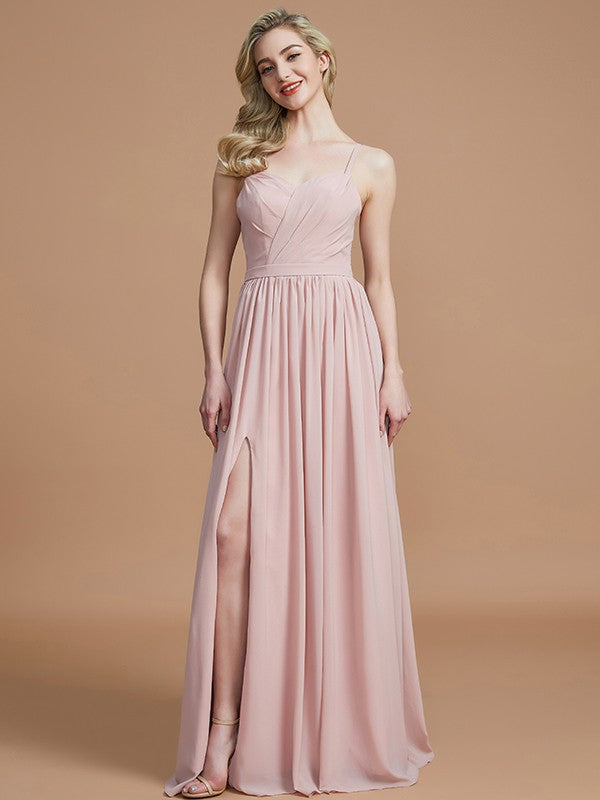 A-Line/Princess Spaghetti Straps Sleeveless Ruched Floor-Length Chiffon Bridesmaid Dresses Evening Dress