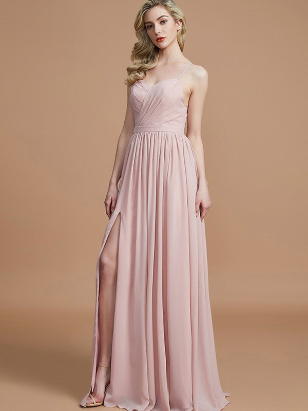A-Line/Princess Spaghetti Straps Sleeveless Ruched Floor-Length Chiffon Bridesmaid Dresses Evening Dress