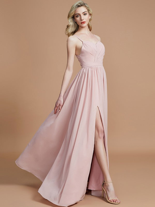 A-Line/Princess Spaghetti Straps Sleeveless Ruched Floor-Length Chiffon Bridesmaid Dresses Evening Dress