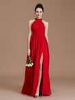 A-Line/Princess Halter Sleeveless Ruched Floor-Length Chiffon Bridesmaid Dresses Evening Dress