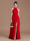 A-Line/Princess Halter Sleeveless Ruched Floor-Length Chiffon Bridesmaid Dresses Evening Dress