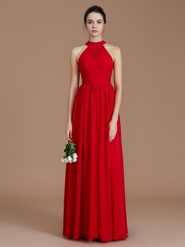 A-Line/Princess Halter Sleeveless Ruched Floor-Length Chiffon Bridesmaid Dresses Evening Dress