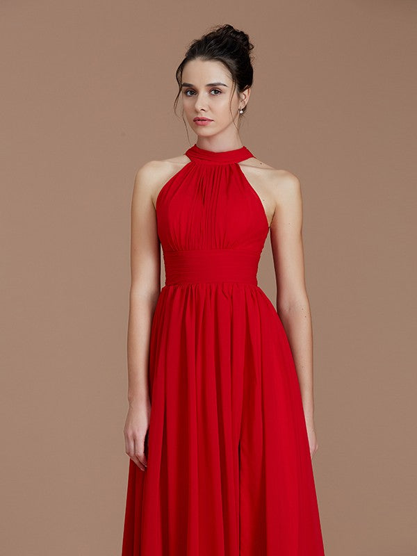 A-Line/Princess Halter Sleeveless Ruched Floor-Length Chiffon Bridesmaid Dresses Evening Dress