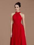 A-Line/Princess Halter Sleeveless Ruched Floor-Length Chiffon Bridesmaid Dresses Evening Dress