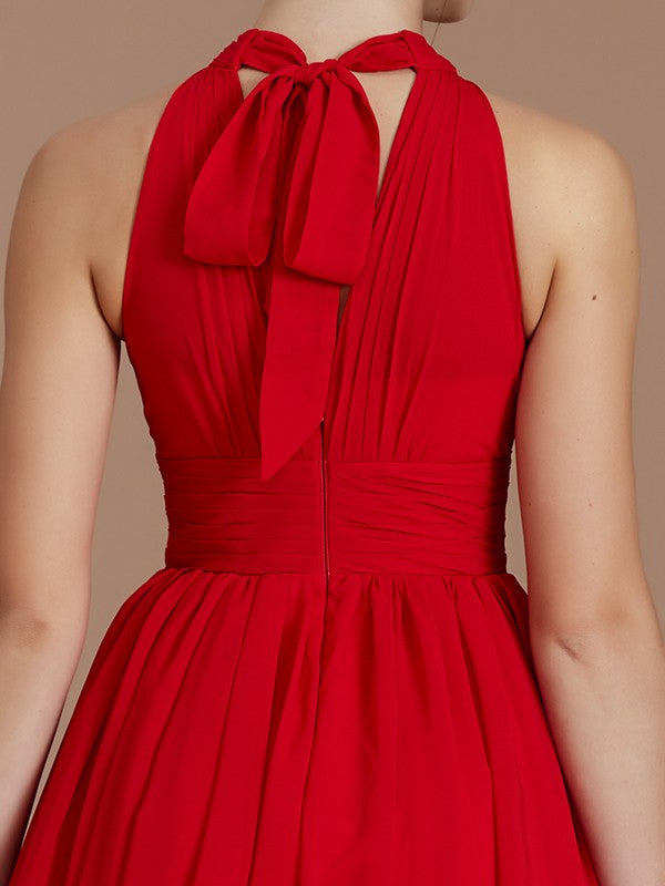 A-Line/Princess Halter Sleeveless Ruched Floor-Length Chiffon Bridesmaid Dresses Evening Dress