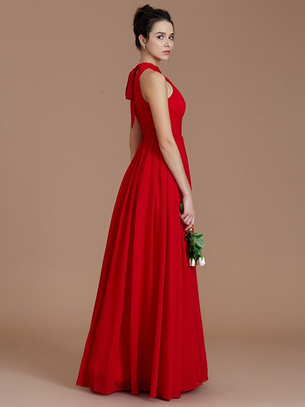 A-Line/Princess Halter Sleeveless Ruched Floor-Length Chiffon Bridesmaid Dresses Evening Dress