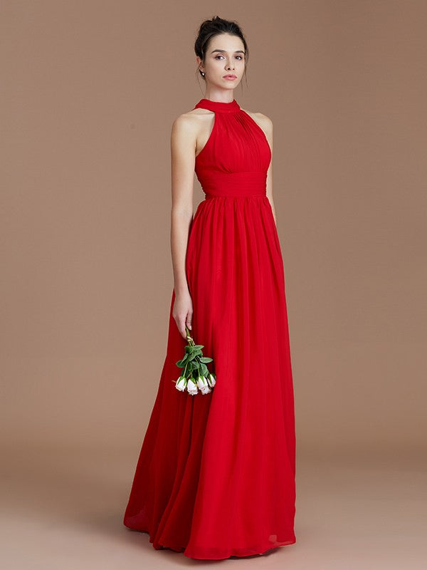 A-Line/Princess Halter Sleeveless Ruched Floor-Length Chiffon Bridesmaid Dresses Evening Dress