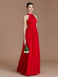 A-Line/Princess Halter Sleeveless Ruched Floor-Length Chiffon Bridesmaid Dresses Evening Dress