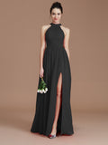 A-Line/Princess Halter Sleeveless Ruched Floor-Length Chiffon Bridesmaid Dresses Evening Dress