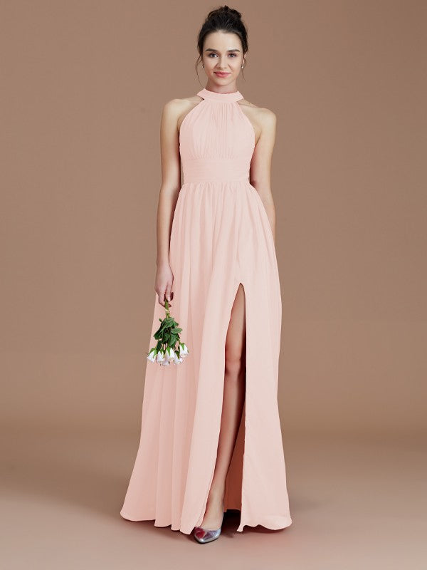 A-Line/Princess Halter Sleeveless Ruched Floor-Length Chiffon Bridesmaid Dresses Evening Dress