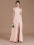 A-Line/Princess Halter Sleeveless Ruched Floor-Length Chiffon Bridesmaid Dresses Evening Dress
