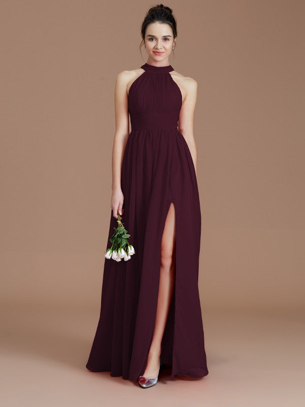 A-Line/Princess Halter Sleeveless Ruched Floor-Length Chiffon Bridesmaid Dresses Evening Dress