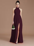 A-Line/Princess Halter Sleeveless Ruched Floor-Length Chiffon Bridesmaid Dresses Evening Dress