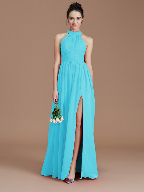 A-Line/Princess Halter Sleeveless Ruched Floor-Length Chiffon Bridesmaid Dresses Evening Dress