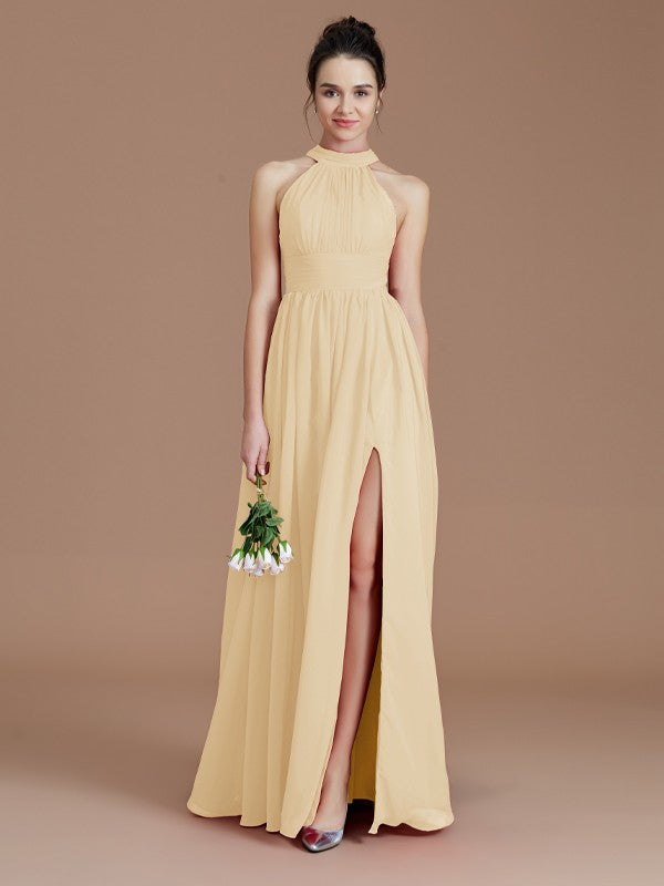A-Line/Princess Halter Sleeveless Ruched Floor-Length Chiffon Bridesmaid Dresses Evening Dress