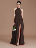 A-Line/Princess Halter Sleeveless Ruched Floor-Length Chiffon Bridesmaid Dresses Evening Dress