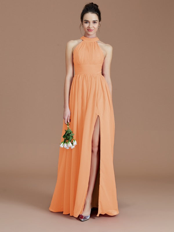 A-Line/Princess Halter Sleeveless Ruched Floor-Length Chiffon Bridesmaid Dresses Evening Dress