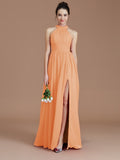 A-Line/Princess Halter Sleeveless Ruched Floor-Length Chiffon Bridesmaid Dresses Evening Dress