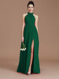 A-Line/Princess Halter Sleeveless Ruched Floor-Length Chiffon Bridesmaid Dresses Evening Dress