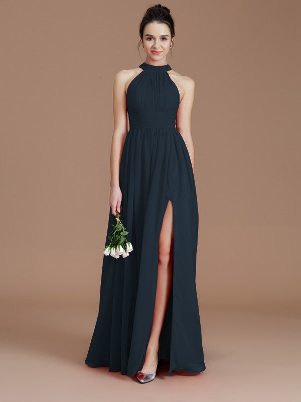 A-Line/Princess Halter Sleeveless Ruched Floor-Length Chiffon Bridesmaid Dresses Evening Dress