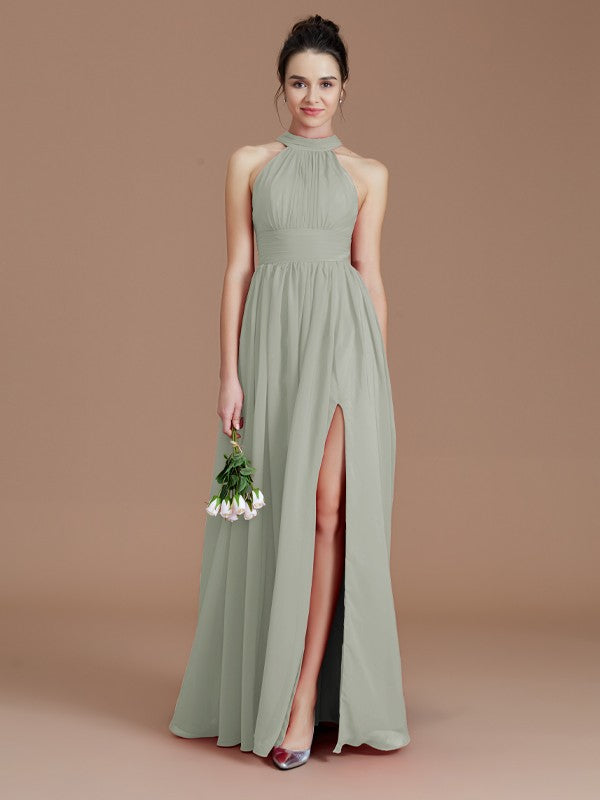 A-Line/Princess Halter Sleeveless Ruched Floor-Length Chiffon Bridesmaid Dresses Evening Dress