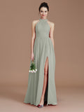 A-Line/Princess Halter Sleeveless Ruched Floor-Length Chiffon Bridesmaid Dresses Evening Dress