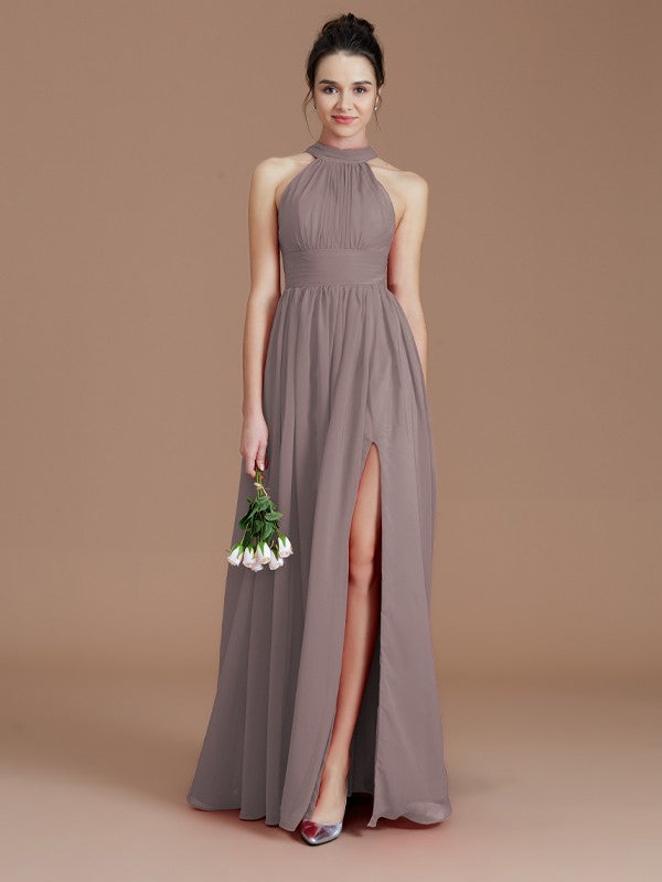 A-Line/Princess Halter Sleeveless Ruched Floor-Length Chiffon Bridesmaid Dresses Evening Dress