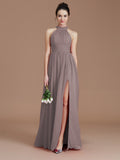 A-Line/Princess Halter Sleeveless Ruched Floor-Length Chiffon Bridesmaid Dresses Evening Dress