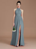 A-Line/Princess Halter Sleeveless Ruched Floor-Length Chiffon Bridesmaid Dresses Evening Dress